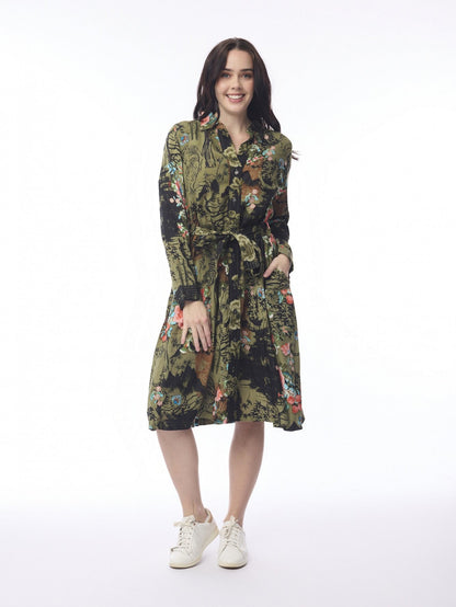 Orientique-Dress Keqioa Collar Tie Waist Button Front Green Floral 61784