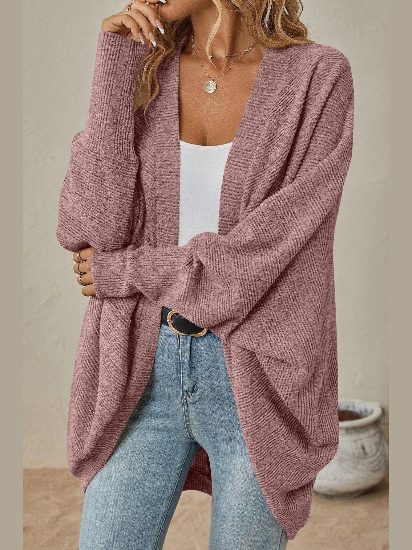Oversized Ribbed Knit Cardigan Open Front Batwing Sweater Mauve YF8926