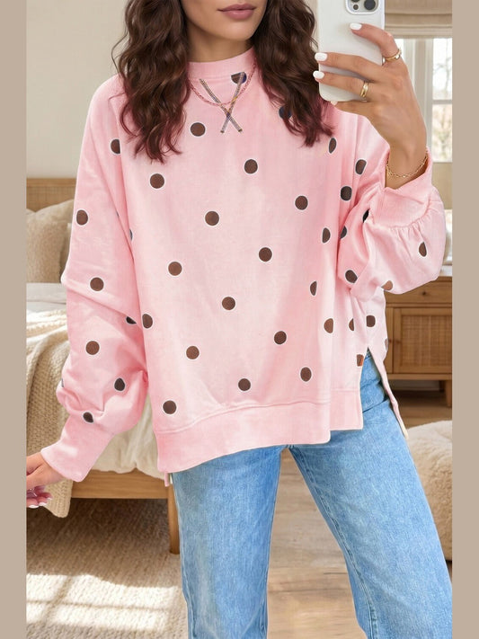 Oversized Polka Dot Pink Crew Neck Pullover  YF2662