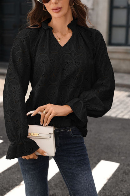 Floral Lace V Neck Blouse Long Sleeve Boutique Top Black  HLL2136