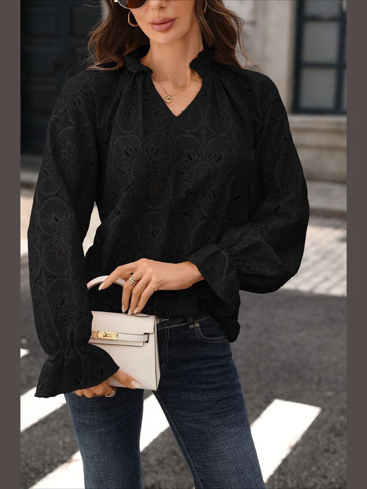 Floral Lace V Neck Blouse Long Sleeve Boutique Top Black  HLL2136