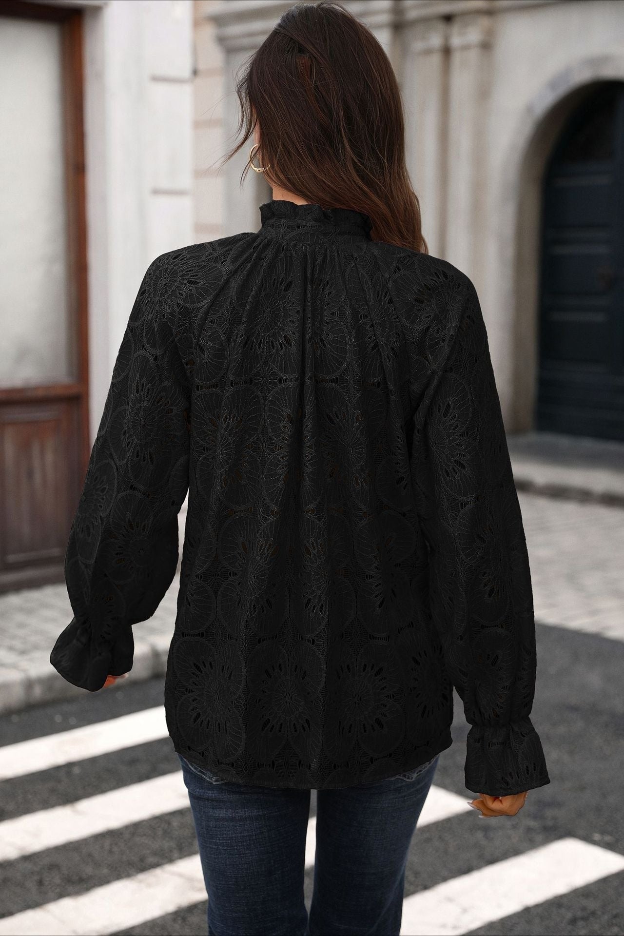 Floral Lace V Neck Blouse Long Sleeve Boutique Top Black  HLL2136