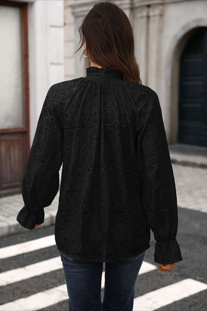 Floral Lace V Neck Blouse Long Sleeve Boutique Top Black  HLL2136