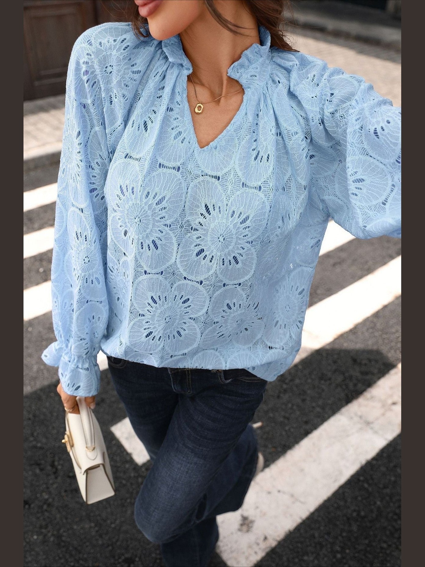 Floral Lace V Neck Blouse Long Sleeve Boutique Top Blue HLL2136