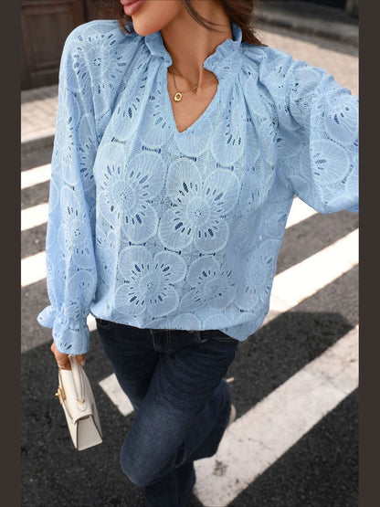 Floral Lace V Neck Blouse Long Sleeve Boutique Top Blue HLL2136