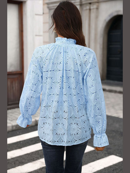 Floral Lace V Neck Blouse Long Sleeve Boutique Top Blue HLL2136
