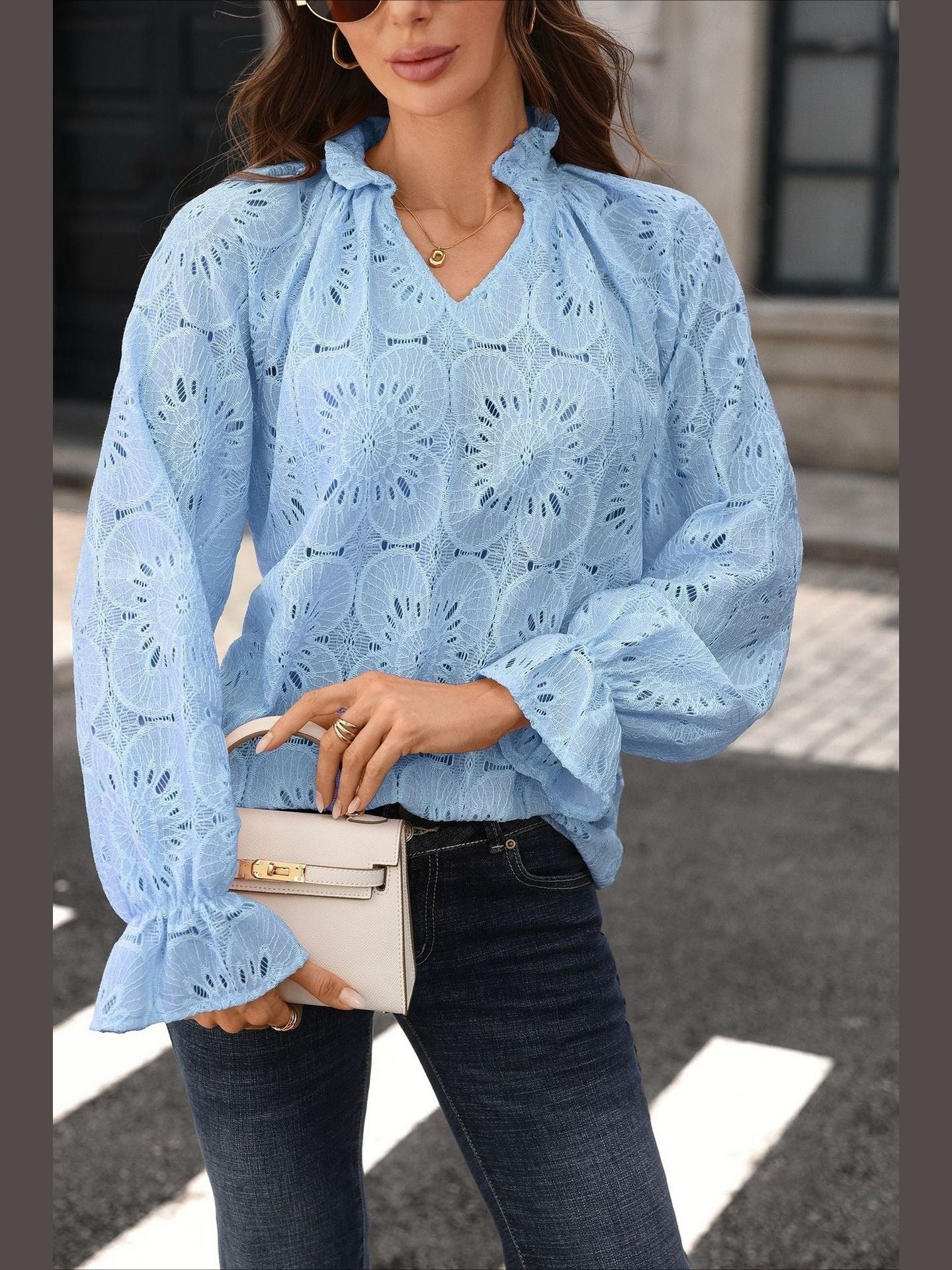 Floral Lace V Neck Blouse Long Sleeve Boutique Top Blue HLL2136