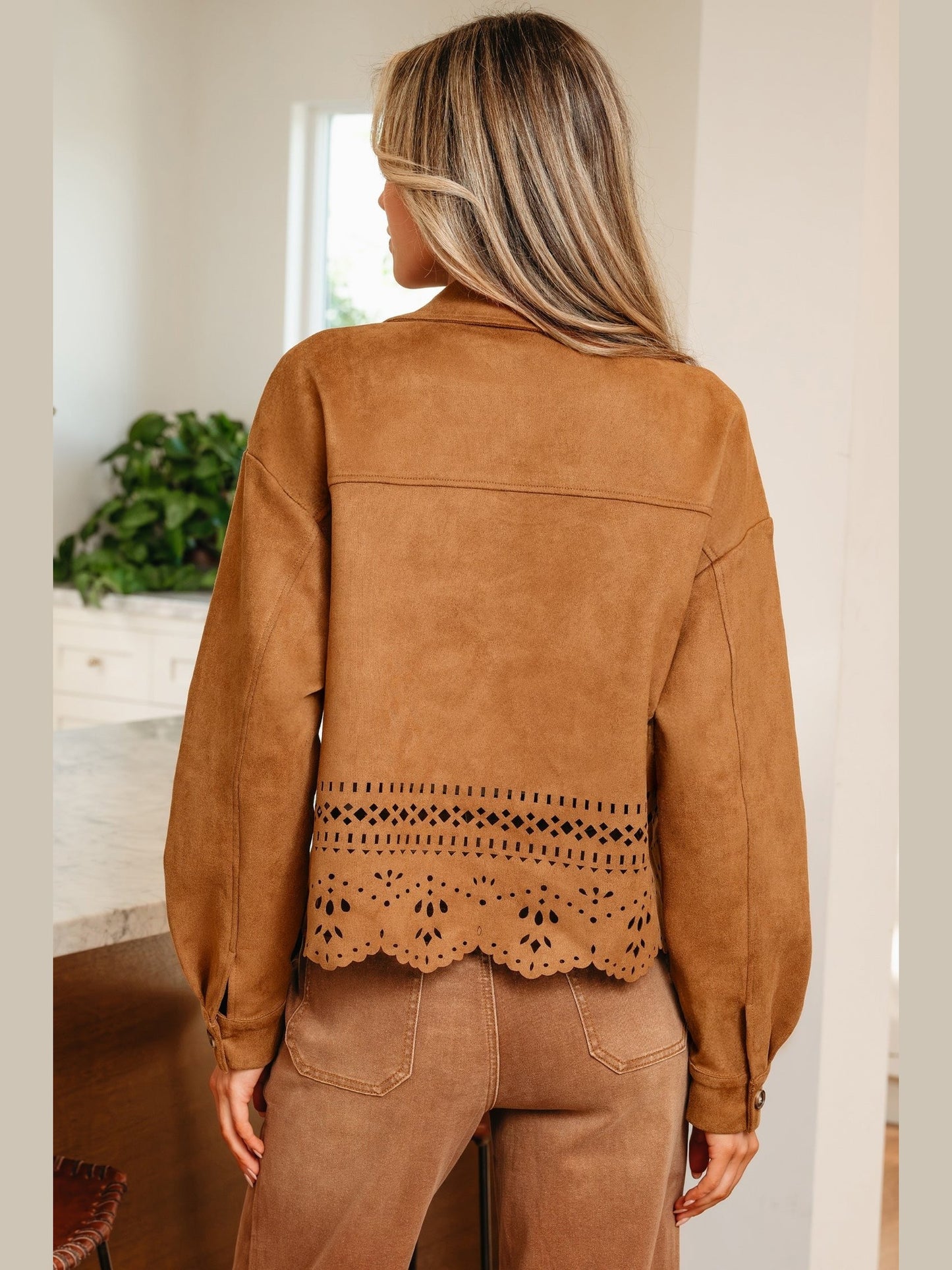 Faux Suede Cutout Jacket Western Boho Shacket Camel  LC8513895
