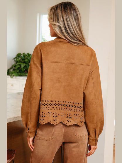 Faux Suede Cutout Jacket Western Boho Shacket Camel  LC8513895