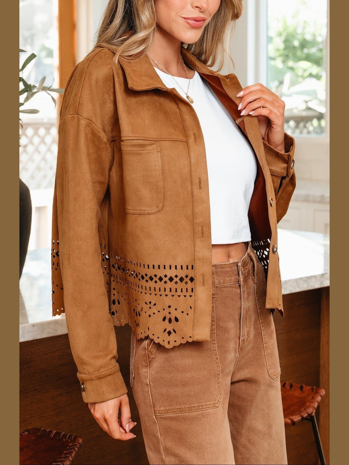 Faux Suede Cutout Jacket Western Boho Shacket Camel  LC8513895