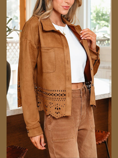 Faux Suede Cutout Jacket Western Boho Shacket Camel  LC8513895