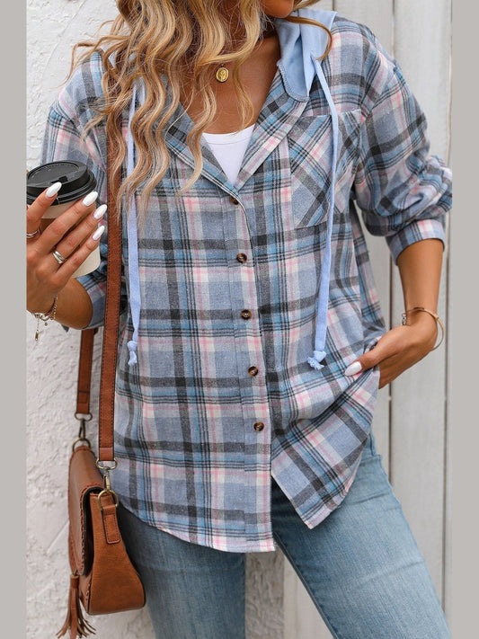 Plaid Shacket hooded Button front oversized BLUE AY8615