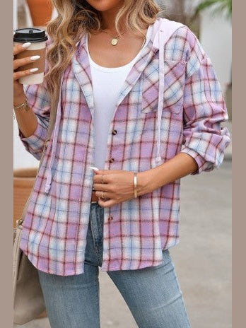 Plaid Shacket hooded buttom front oversized  Grey / Pink AY8615