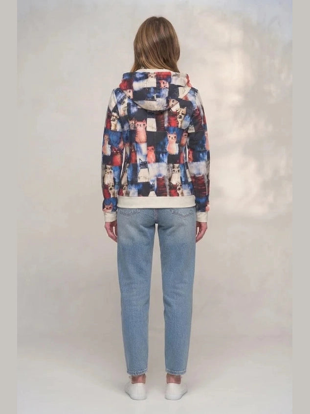 Sm-Jacket&nbsp;Colorful Patchwork Cat Print Zip-Up 2 Pocket Hoodie HO182