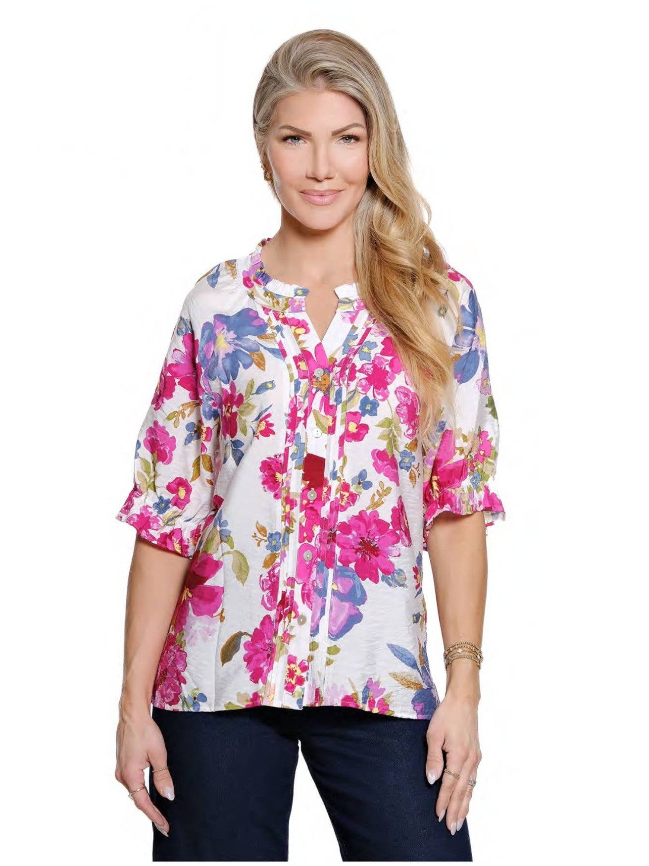 Women's Top Button Front White/Red Pleated Floral Woven  1/2 Sleeve A26408BM