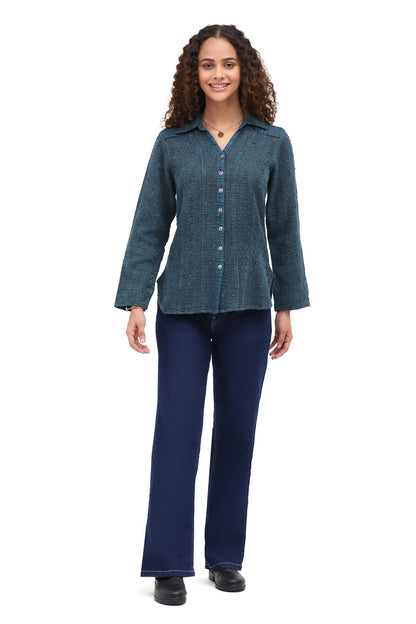 Shirt Button Front Raya Turquoise  3/4 Sleeve Women's 26F580G