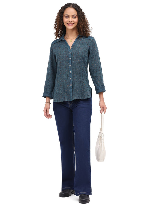 Shirt Button Front Raya Turquoise  3/4 Sleeve Women's 26F580G