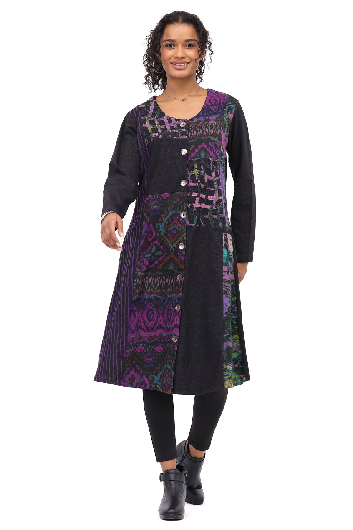 Dress Velma Duster Black/Purple Button Front Women'S 26W221D2