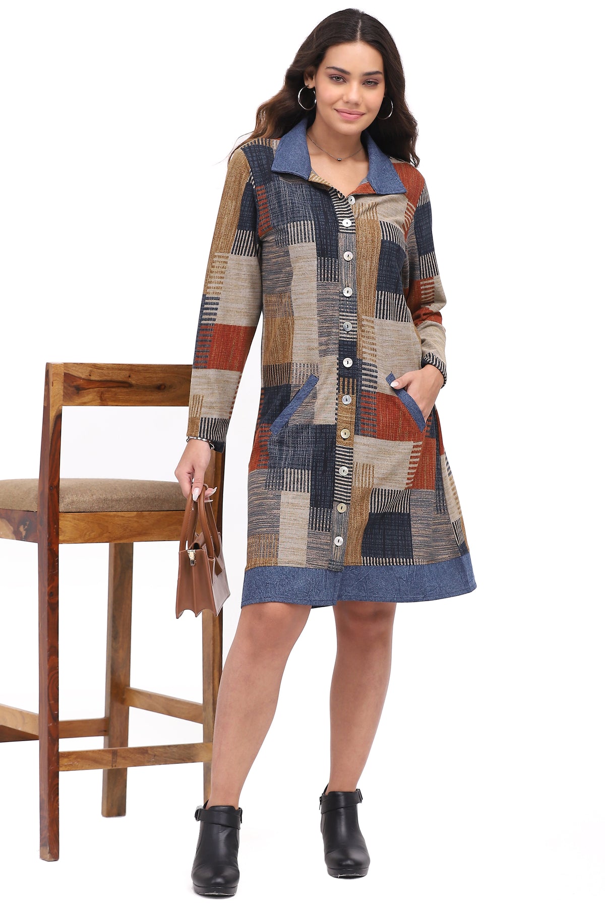 Dress Duster Kacey Multi Blue Button Front Women's 26W257D