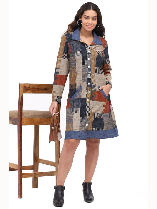 Dress Duster Kacey Multi Blue Button Front Women's 26W257D