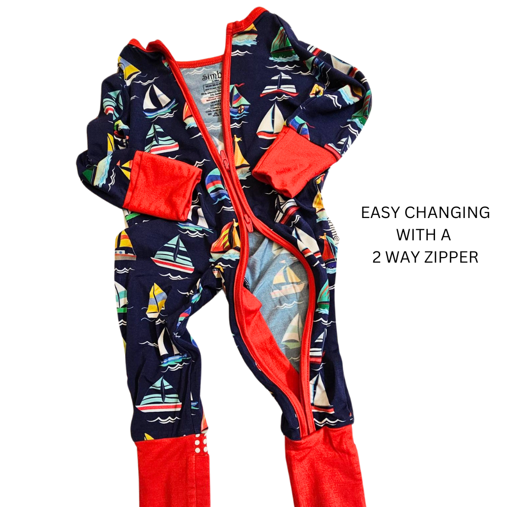 Zipper Romper  Onsie Happy Sailing Soft  Bamboo Navy with colors Toddler 