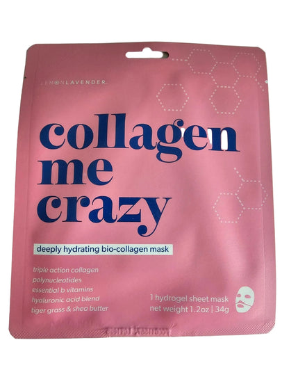 A pink stand-up pouch of a collagen mask with bold dark blue text reading 'collagen me crazy' and smaller white text, photographed on a white background.