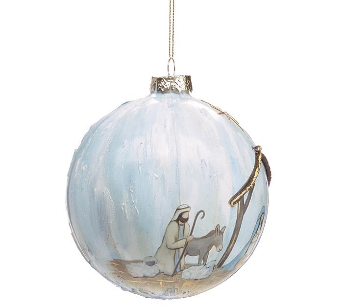 Christmas Ball Manger Scene Light Blue Glass 5"&nbsp;3144189