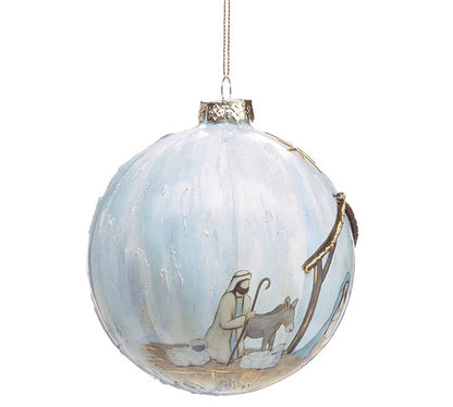Christmas Ball Manger Scene Light Blue Glass 5"&nbsp;3144189