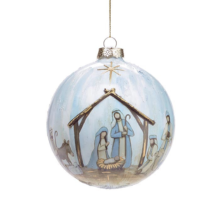 Christmas Ball Manger Scene Light Blue Glass 5"&nbsp;3144189