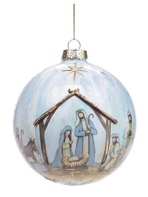 Christmas Ball Manger Scene Light Blue Glass 5"&nbsp;3144189
