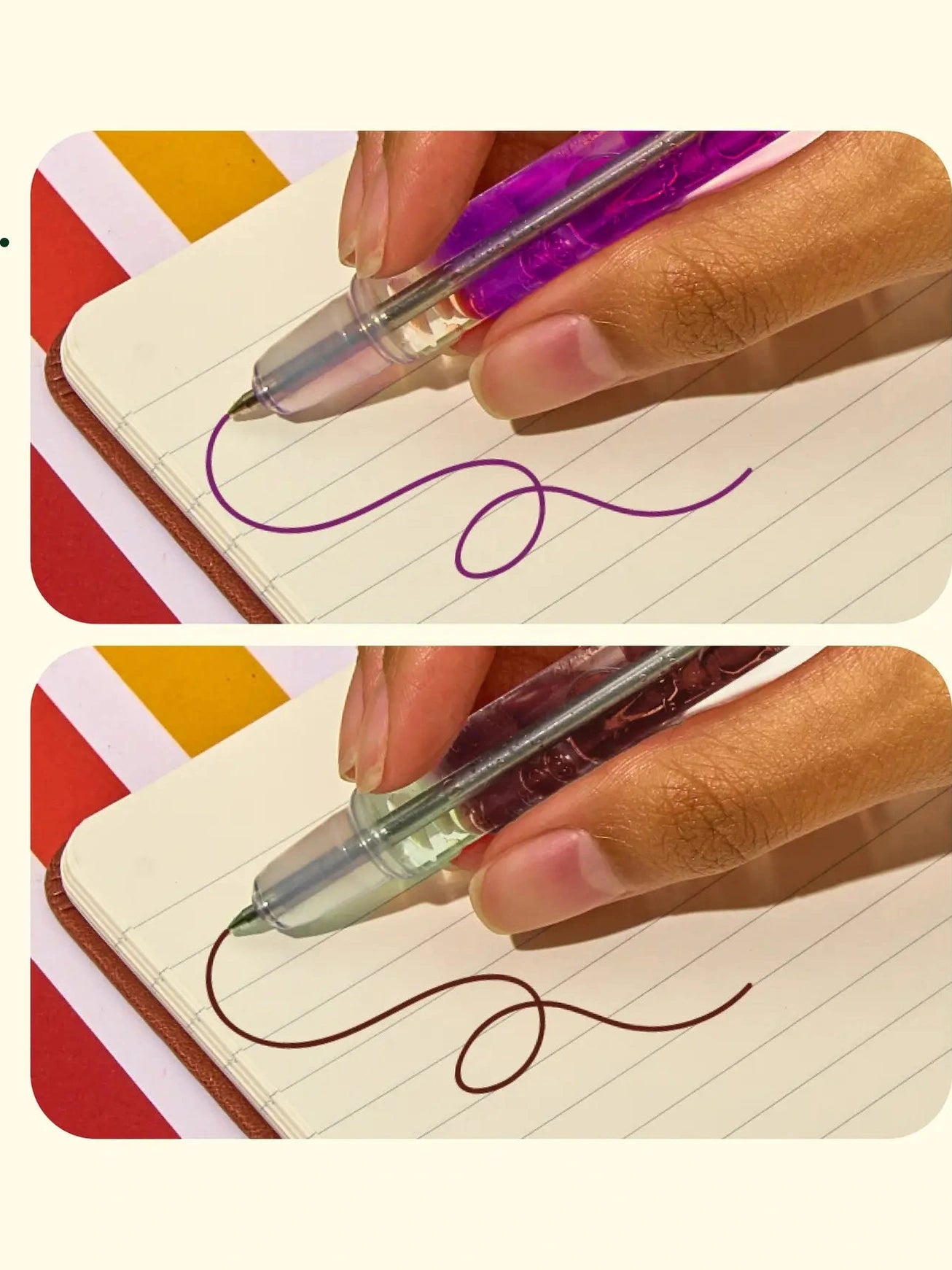 Two images showing a hand writing with a pen on lined paper, one with purple ink and one with brown ink.