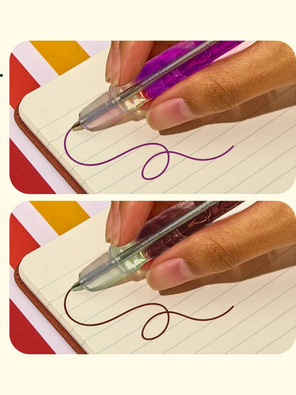 Two images showing a hand writing with a pen on lined paper, one with purple ink and one with brown ink.