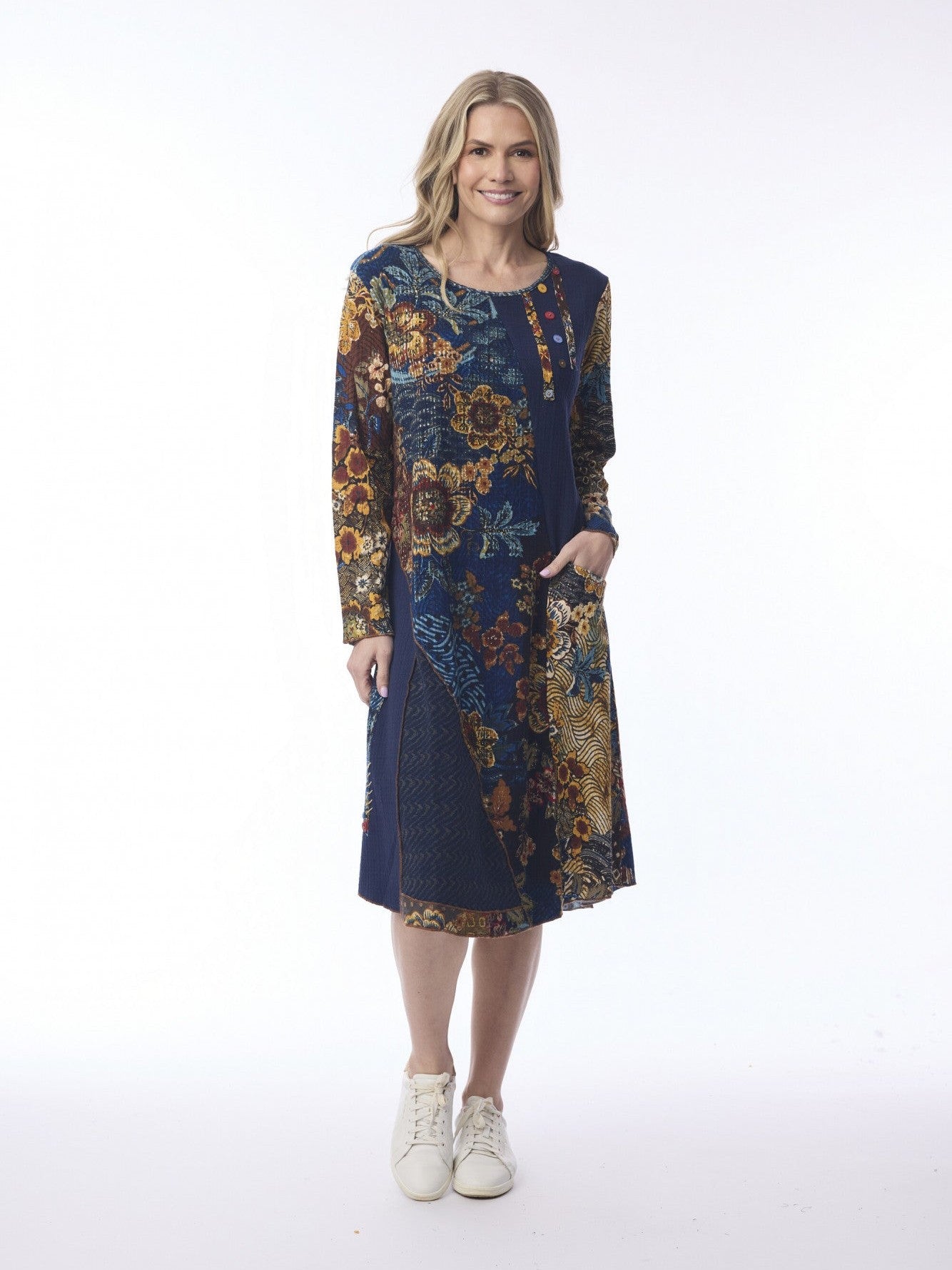 Dress Maluku Patch Layer Blue Floral Long Sleeve 21467