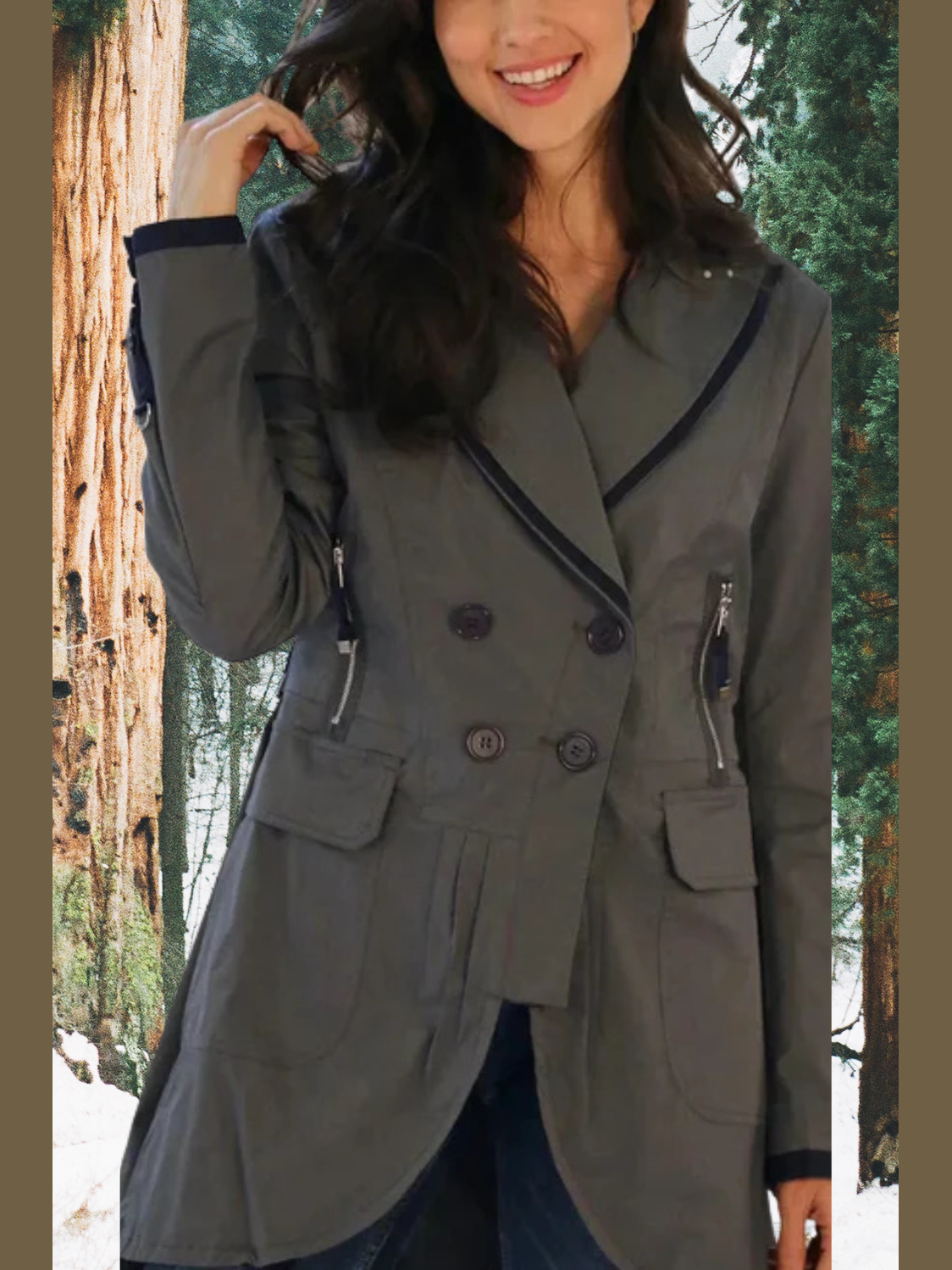 Rain Jacket Double Breast 3/4 Length With Belt Charcoal Amber Women's 