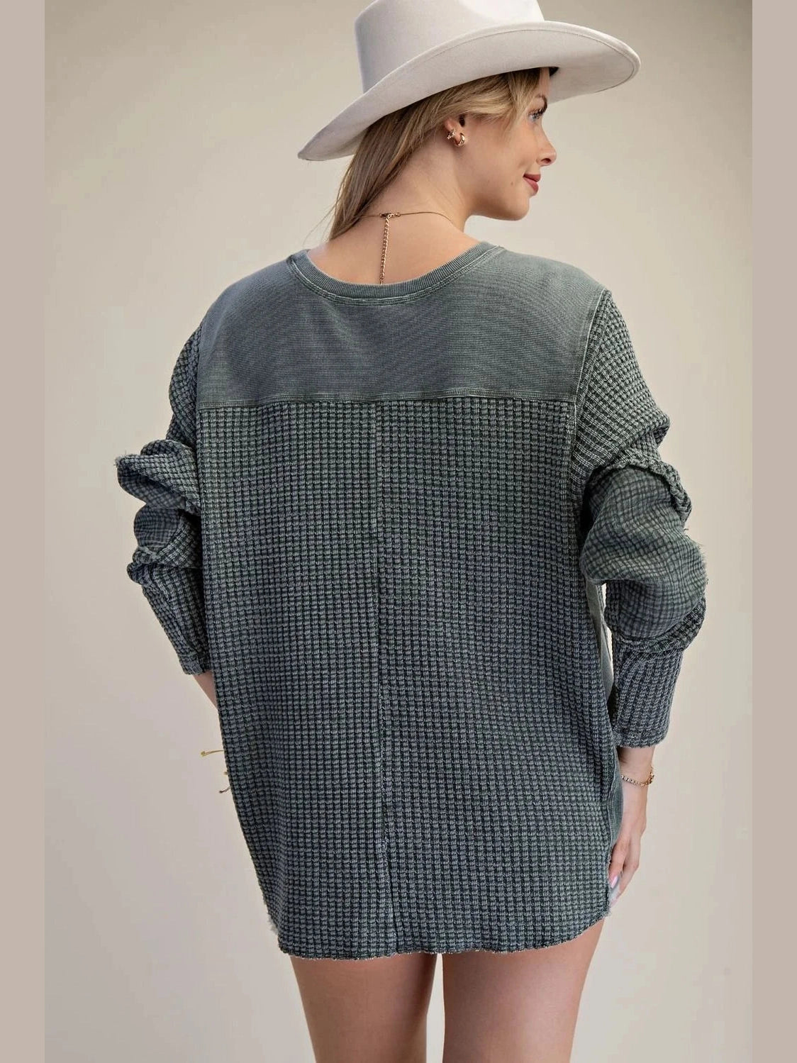 Top Pullover&nbsp; Pine Green&nbsp; Mineral Washed Thermal Waffle Knit Women's&nbsp; ET26958