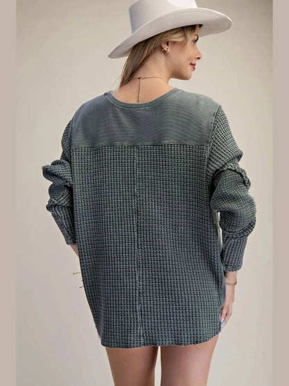 Top Pullover&nbsp; Pine Green&nbsp; Mineral Washed Thermal Waffle Knit Women's&nbsp; ET26958