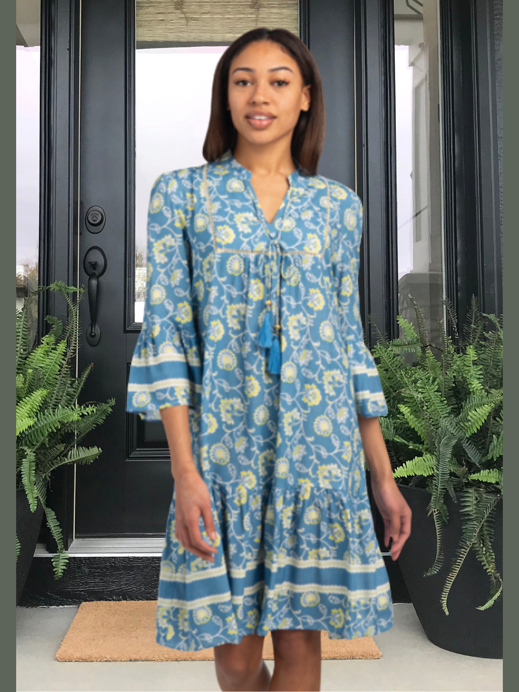 Dress Blue Bell Print Tiered 3/4 Sleeve Sdres301 