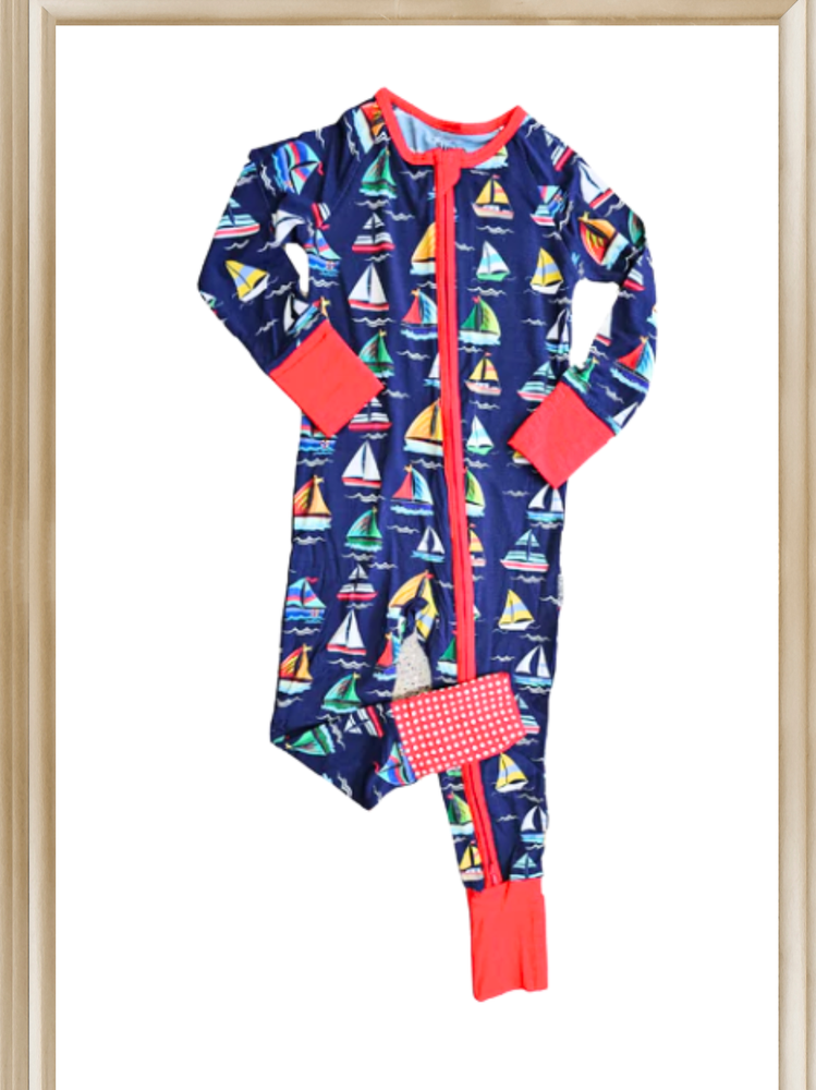 Zipper Romper  Onsie Happy Sailing Soft  Bamboo Navy with colors Toddler 