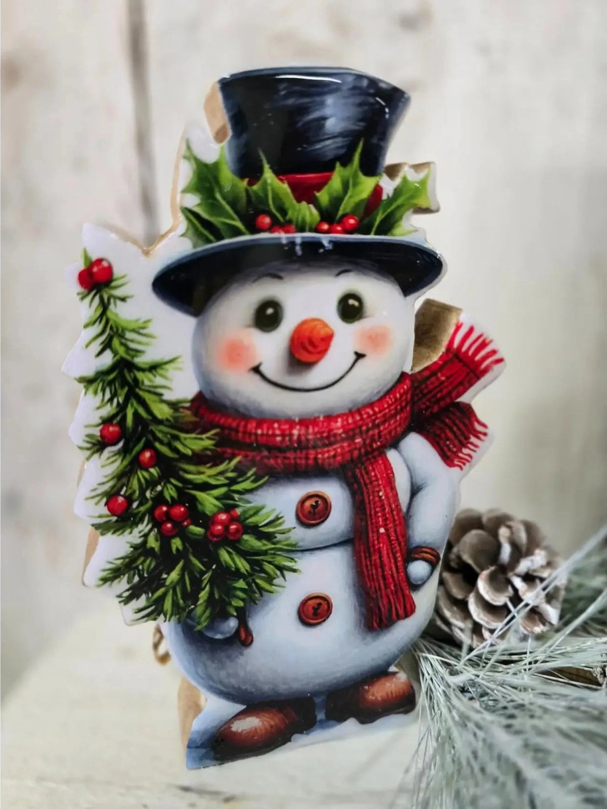 Christmas Ornament Holly Jolly Snowman Wooden SC716