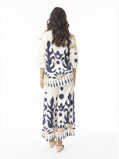 Top Nazca Print Collared 3/4 Sleeve&nbsp; Cream&nbsp; &nbsp;42190
