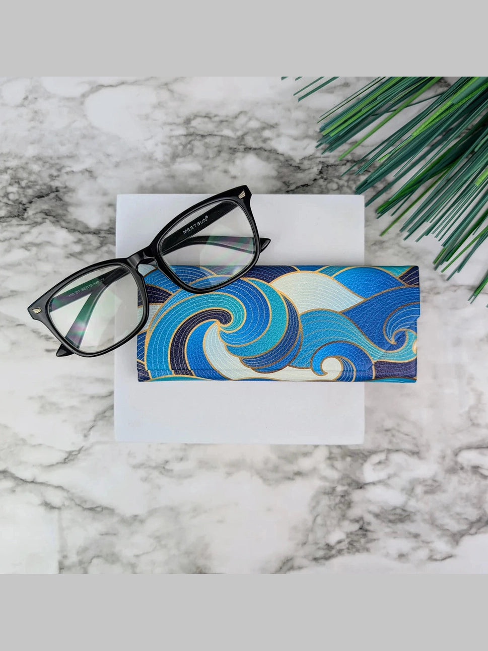 Eye Glass Case Vegan Leather Blue Enamel Wave 42033 