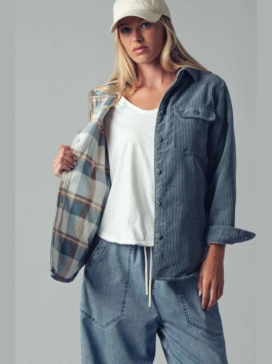 Jacket Reversible Corduroy Flannel Plaid Blue Stone Women's Tnow1221