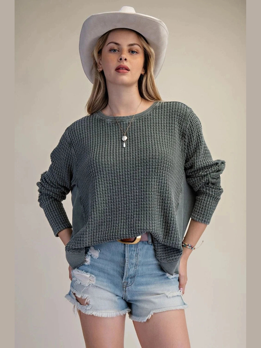 Top Pullover&nbsp; Pine Green&nbsp; Mineral Washed Thermal Waffle Knit Women's&nbsp; ET26958