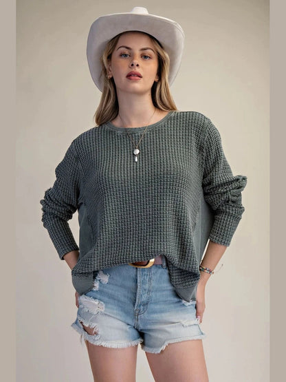 Top Pullover&nbsp; Pine Green&nbsp; Mineral Washed Thermal Waffle Knit Women's&nbsp; ET26958