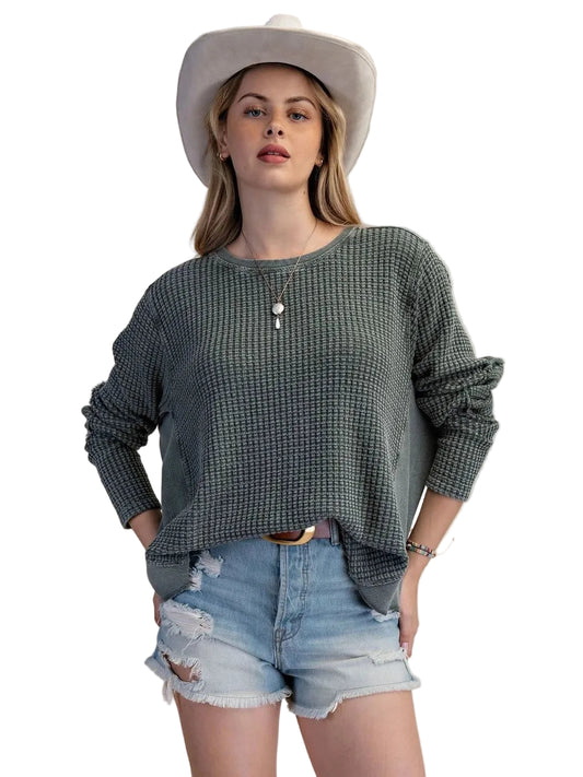 Top Pullover&nbsp; Pine Green&nbsp; Mineral Washed Thermal Waffle Knit Women's&nbsp; ET26958