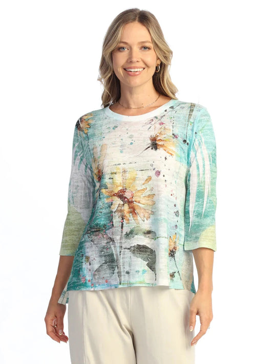 Jess &amp; Jane- 44-2180 Sundance Flower Print 3/4 Sleeve Women's Top