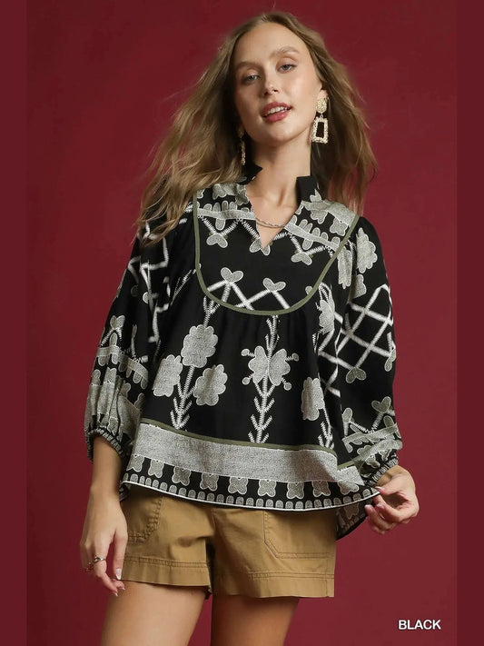 Top V-Neck Black Tribal Print&nbsp; 3/4 Sleeve C5473
