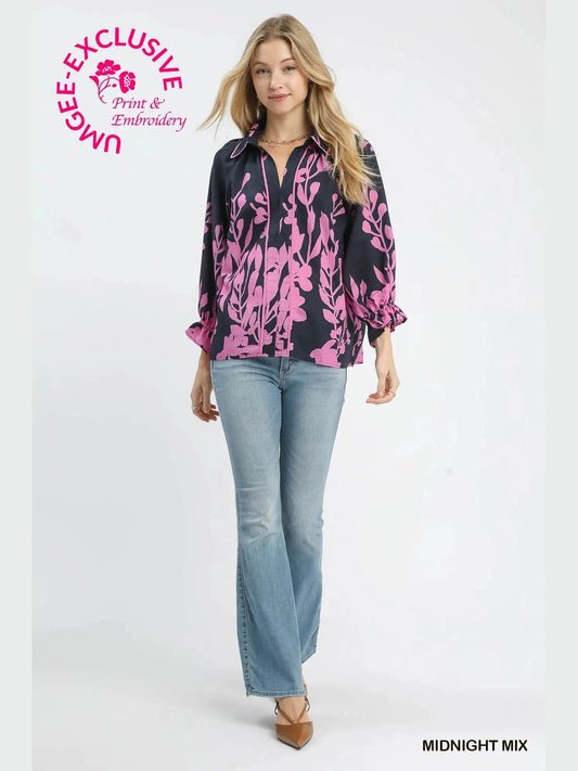 Shirt Pullover Midnight Mix Black Eucalyptus Collared Long Sleeve  Women's C5519