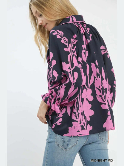 Shirt Pullover Midnight Mix Black Eucalyptus Collared Long Sleeve  Women's C5519