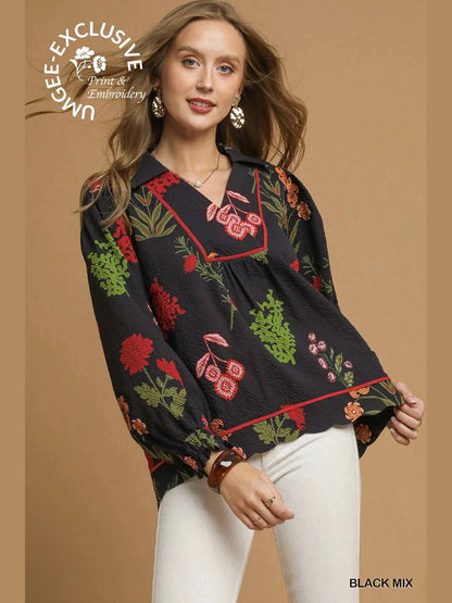 Top Black Floral Textured Collard Long Sleeve C5460